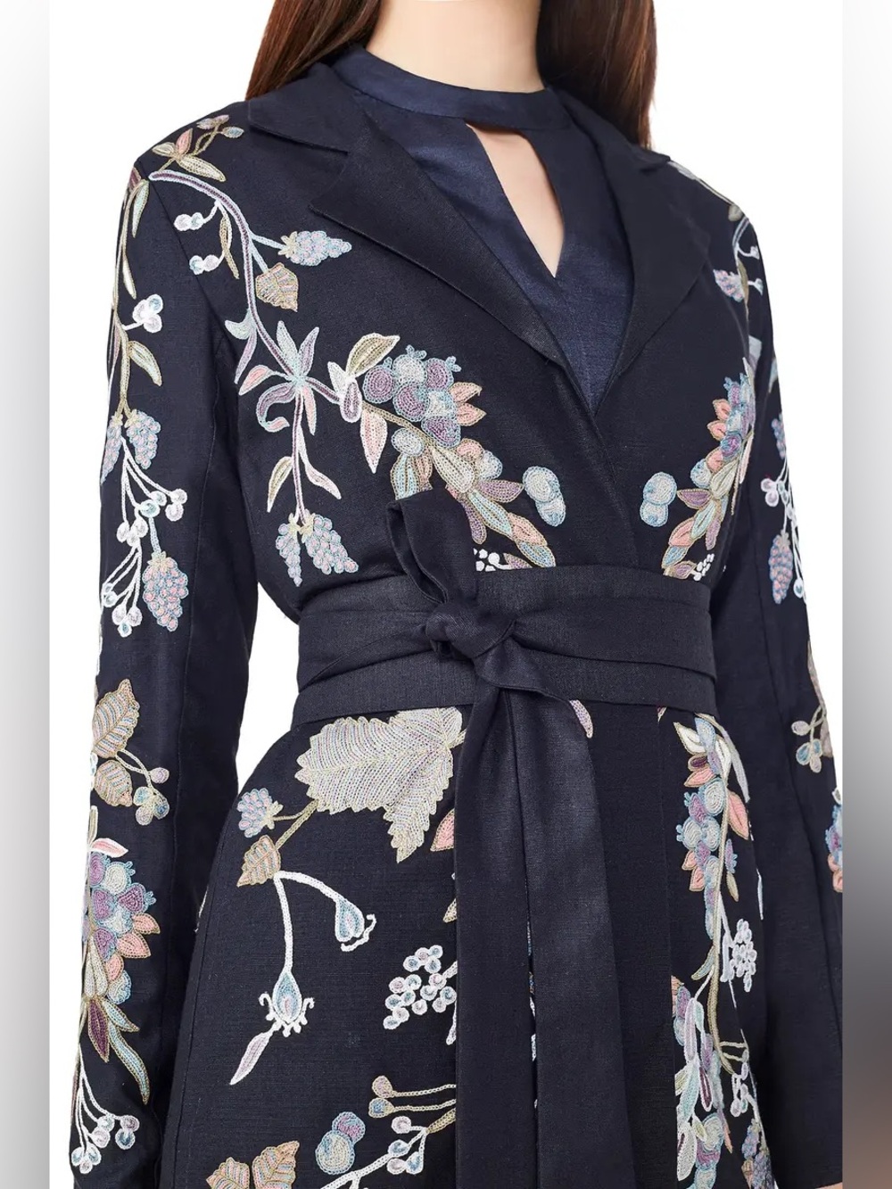 Anita Dongre Navy Long-Sleeve Floral Embroidered wrap Dress/blazer